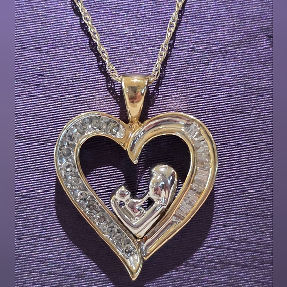 10k Mother and Child White and Yellow Gold Diamond Pendant on 10k Chain Necklace - Picture 9 of 16